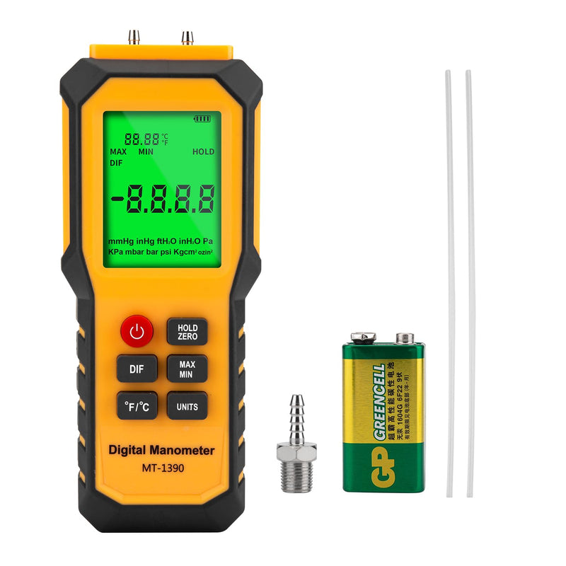YZT Meter Manometer Air Pressure Meter, Digital Differential Pressure Gauge, HVAC Gas Pressure Meter Dual-Port Manometer Gas Pressure Tester (9v Battery Included)… 1/8 Inches Diameter Port