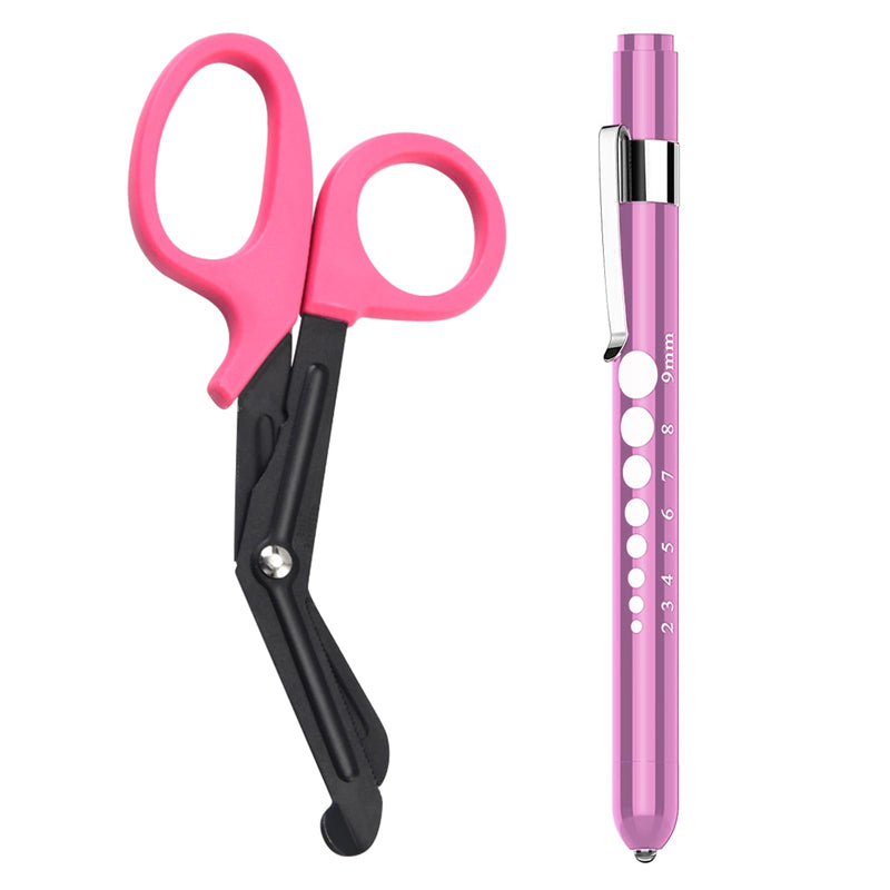 2 Pack Medical Scissors and Penlights for Nurses Medical Supplies with One Medical Pen light, One 6 inches Scissors Trauma Shears for First Aid EMT (Pink) Pink