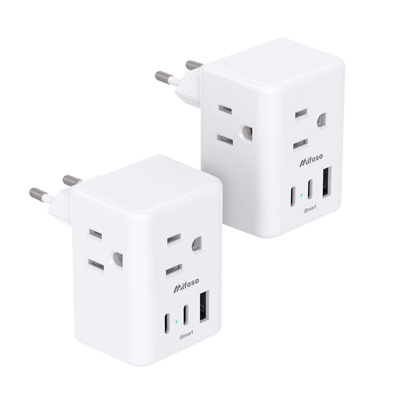 2 Pack European Travel Plug Adapter, International Power Plug Adapter with 3 Outlets 3 USB Charging Ports(2 USB C), Type C Plug Adapter Travel Essentials to Most Europe EU Spain Italy France Germany Type C Most of Europe - 2 PACK