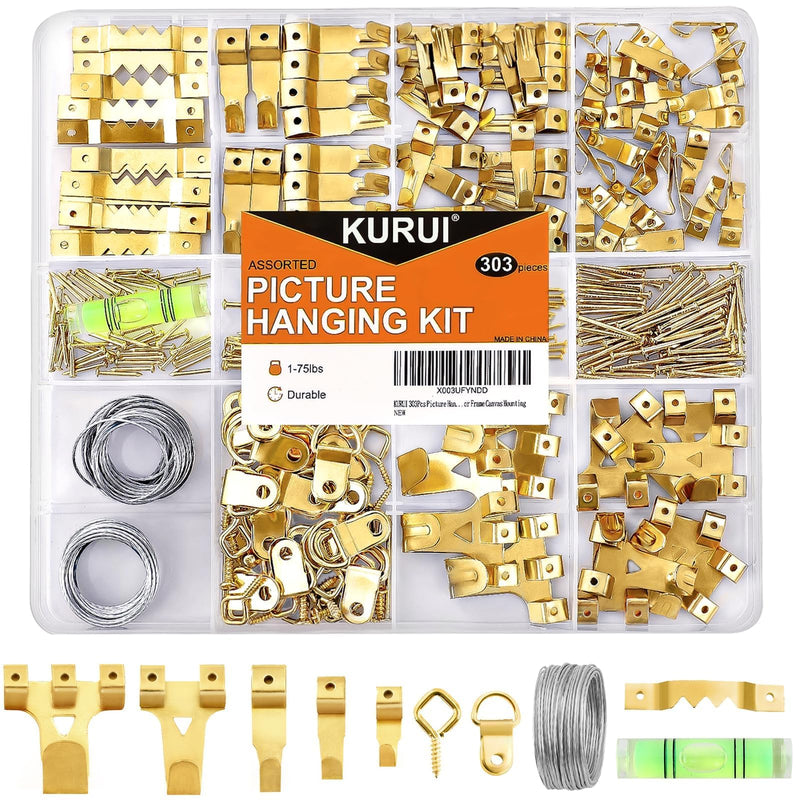 KURUI 303Pcs Picture Hanging Kit, Picture Hangers Assorted Kit With Heavy Duty Wall Hooks, Sawtooth, Picture Wire, D Rings, Hardware Nails, Eye Hooks and Picture Hanging Tool for Frame Canvas Mounting Gold