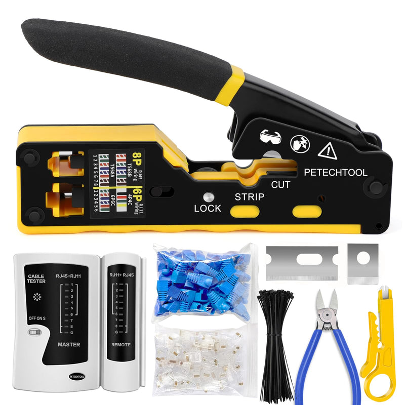 PETECHTOOL RJ45 Crimp Tool Pass Through Ethernet Crimping Tool Kit Cat6 Cat5e Cat6a RJ45 Crimper with Cable Tester, Cat6 Connectors with RJ45 Boot Covers, Mini Stripper, Blades and Cable Ties Crimper Kit