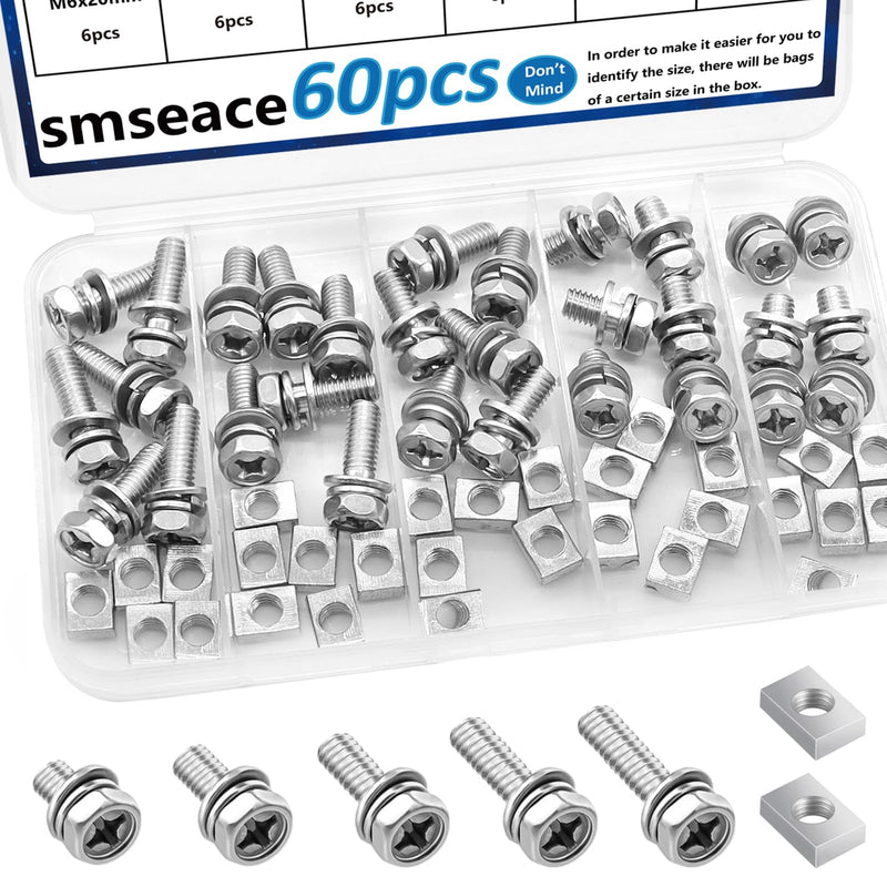 smseace 60Pack 304 Stainless Steel Battery Bolts and Nuts 5-Sizes M6x10/12/16/18/20mm ATV Battery Bolt Motorcycle Battery Terminal Screws with Square Nuts for ATV Battery Bolts and Nuts Square