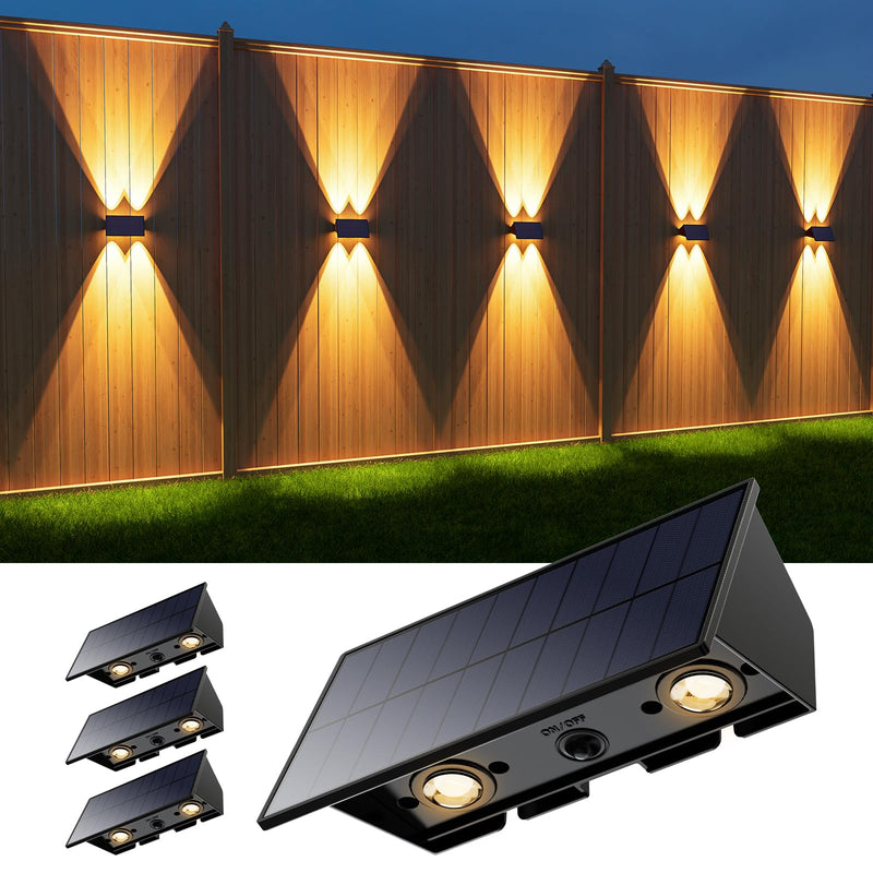4 Pack Solar Powered Wall Lights for Outside Up and Down Fence Mount LED Outdoor Decorative Waterproof Lamps for Porch, Deck, Patio, Yard, Garden, 4 Lenses Designed for Accent Lighting (Warm White) 4 Pack Warm White