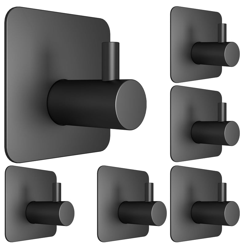 6 Pcs Adhesive Wall Hooks for Hanging - Waterproof Shower Hooks, Heavy Duty Towel Hooks for Bathrooms, Kitchens, and Offices (Black) Black