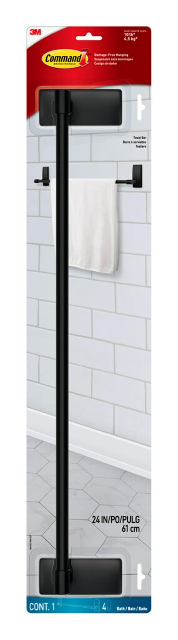 Command Bath Matte Black Towel Bar with Water Resistant Command Strips, Bathroom Organizer, 24 in Bar Length Holds up to 10 lbs 24 Inch