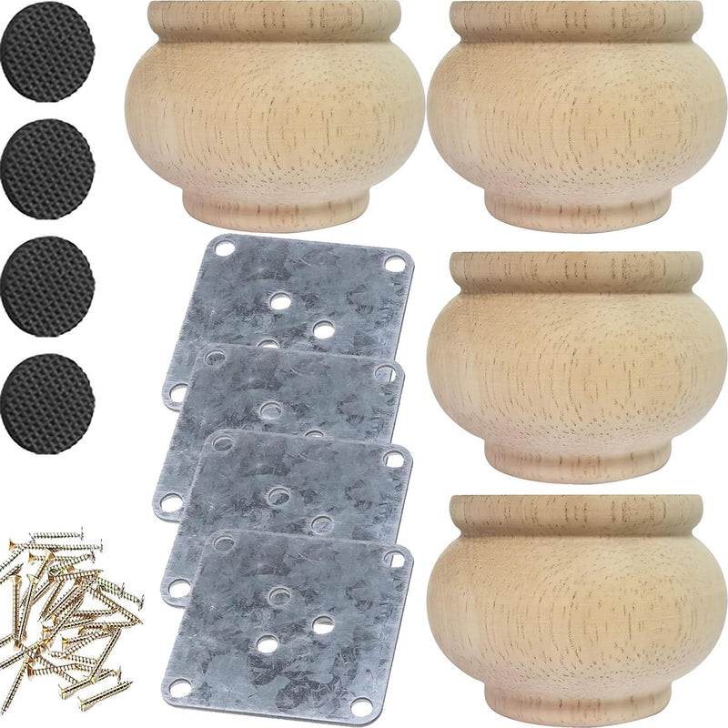 2 Inch Wooden Furniture Legs, Solid Wood Unpainted Replacement Furniture Legs, Cabinet Legs/Desk/Sofa/Bookcase Bun Feet, DIY Wooden Round Legs with Mounting Plate & Screws Set of 4 (2 Inch) 2 Inch