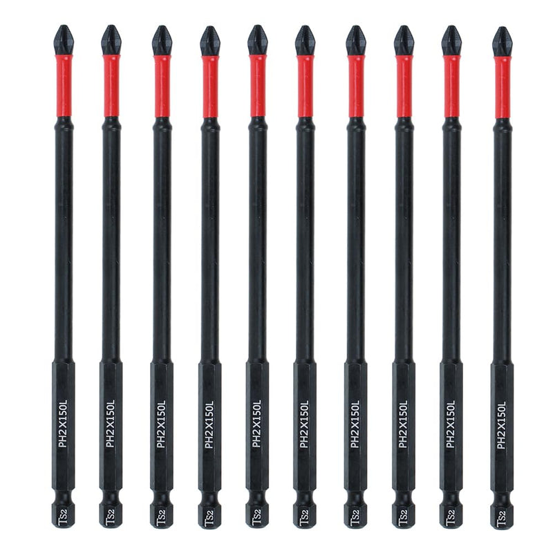 AUTOTOOLHOME 10 Pack Phillips PH2 Magnetic Anti Slip Screwdriver Bit Set 6 inch Length TS2 Anti-Slip Long Drill Bits Impact Driver Bits Length:150mm
