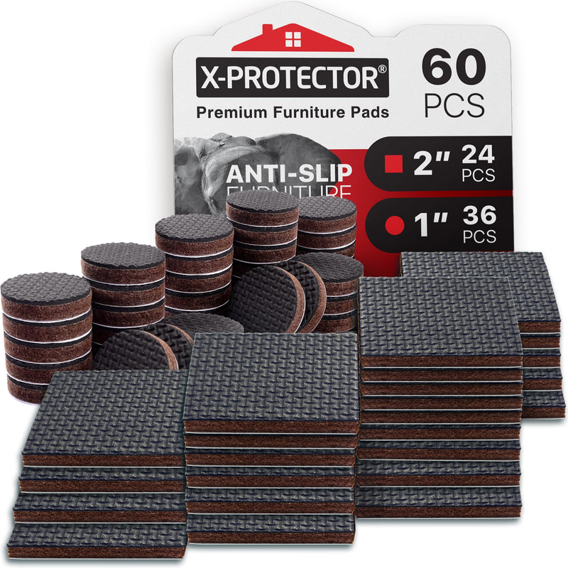 X-Protector Non Slip Furniture Pads for Hardwood Floors 60 PCS - 36 Round 1” + 24 Square 2" Anti Slip Furniture Pads - Self-Adhesive Rubber Furniture Pads Non Slip - Ideal Furniture Stoppers! 60 Round, Square 1, 2"