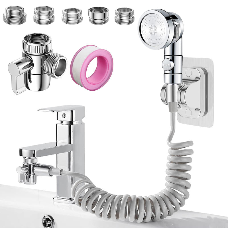 Sink Faucet Sprayer Attachment Set, Kitchen Bathroom Pet Bathing Shower Head with 9.8ft Hose and G1/2 / M22 / M24 / M26 / M28 Faucet Adapters, Hair Washing, Dog Shower 5 Adapters