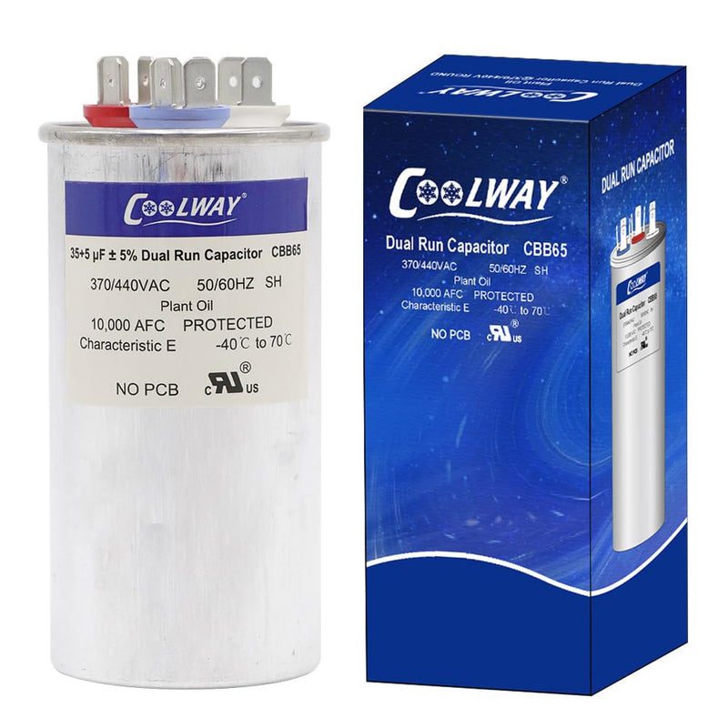 COOLWAY 35/5 uF 35+5 MFD ±5% 370V or 440V Dual Run Start ac Capacitor for ac 35 5 CBB65r CBB65b Capacitor 370 440 Volt vac Air Conditioner Capacitor for Motor Start or Heat Pump, Condenser, Pool Pump 35+5MFD
