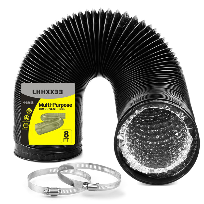 Dryer Vent Hose - 4 inch Flexible Duct, 8ft Long, Heavy-Duty Four-Layer Protection - Ideal for Heating, Cooling, Ventilation - Includes 2 Pack Clamps 4 inch 8 Feet