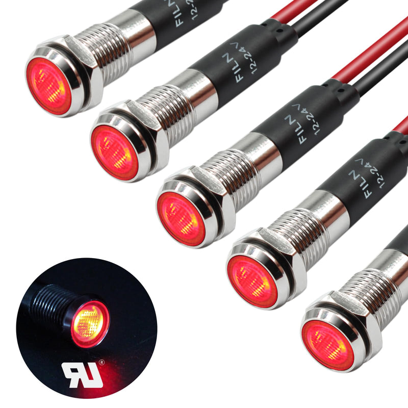 5Pcs 8MM (5/16'') Indicator Light led Indicator 12v 24v Metal Pilot Lamp Lights Aluminum Black Anodized Waterproof ip67 Red Signal Lamp Light(12V-Brass Nickel Plated-Red 5Pcs) Red-5pcs 12V-24V-Brass Nickel Plated