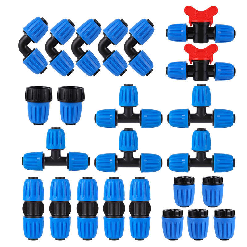 24 PCS Drip Irrigation Fittings Kit Blue Lock Barbed Connectors For 1/2 Inch 16MM Tubing (OD 0.620 in.ID is 0.520. in), 5 Tees,5 Straight,2 Switch Valves,5 End Cap,5 Elbows,2 Adapter 1/2 inch Fittings Kit
