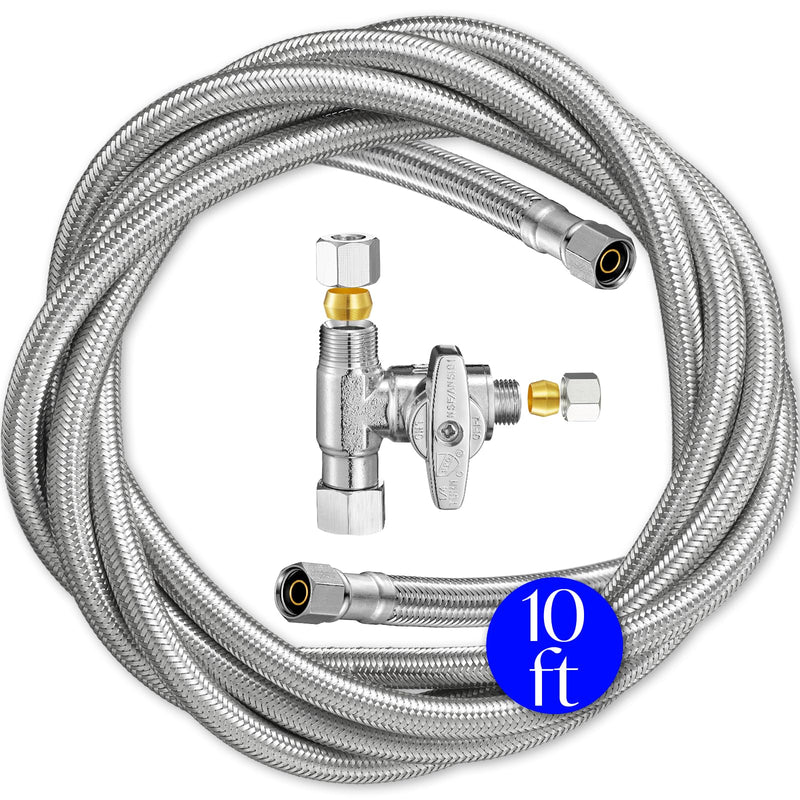 Refrigerator Ice Maker Water Line Kit - 10' Braided Stainless Steel Fridge Water Line with 1/4" Compression Fittings Pex Tubing Core and Water Splitter 10 Feet