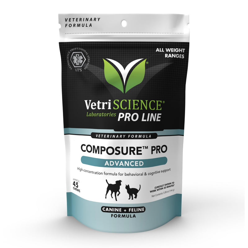 VetriScience Composure Pro Advanced - Advanced Calming Supplement for Dogs & Cats - Calming Aid Soft Chews - Chewable Calming Supplement - Advanced Calming Bite Formula - 45 Chews - PawsPlanet Australia