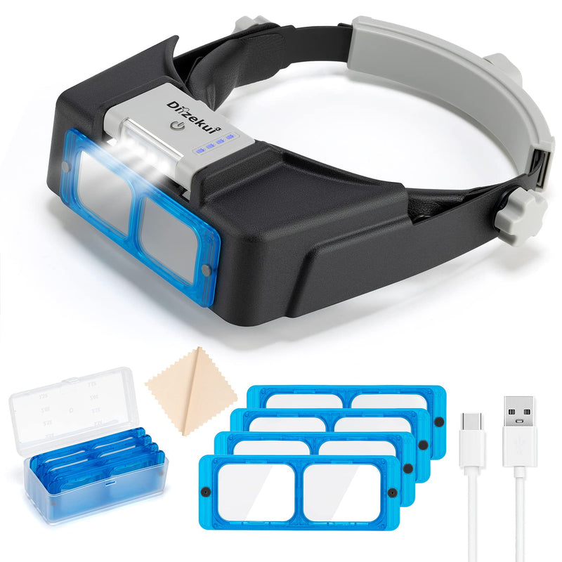 Headband Magnifier with LED Light, Rechargeable Head Mount Magnifier 1.5X to 3.5X, Opitcal Magnifying Glass with Lens, Jewelers Optivisor Hobbies Visor Manifying Glasses for Close Work New-blue