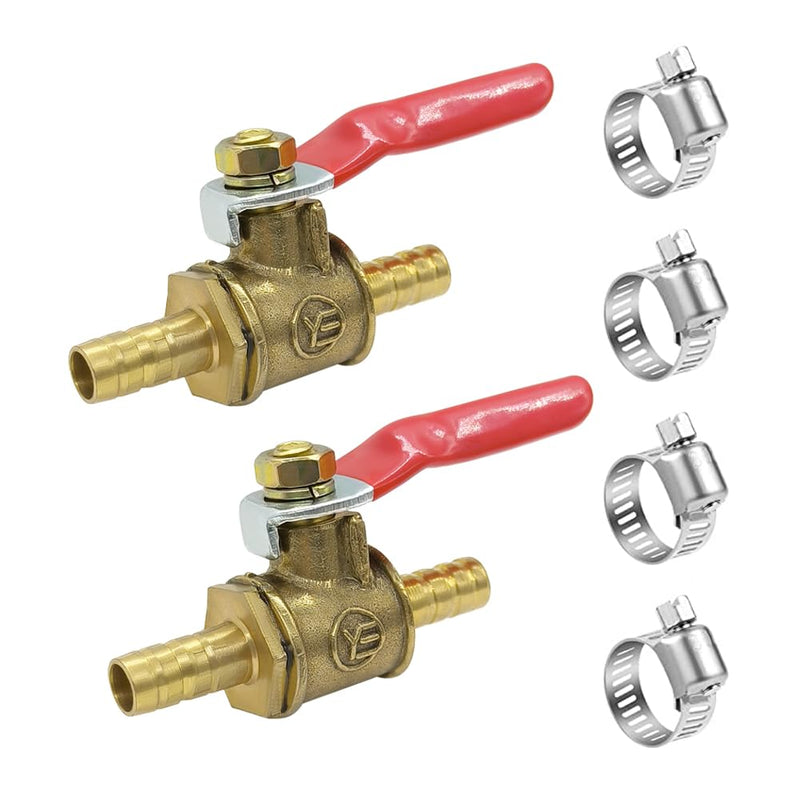 Hooshing 2PCS 1/4" Hose Barb Ball Valve Brass Shut Off with Clamps Pipe Tube Fitting for Water Oil Fuel 2