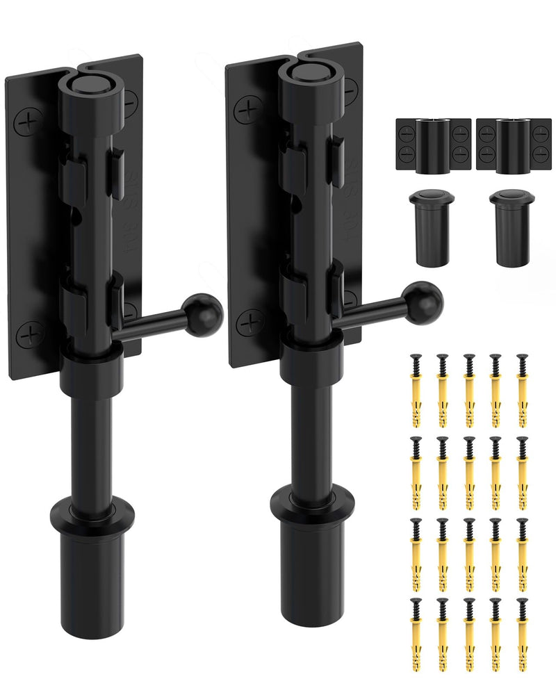 Barrel Bolt Latch, 6" Shed Door Latch, Heavy Duty Slide Bolt Gate Latch, Hardware Gate Drop Rod Bolt Lock for Barn Door, Wooden Fence, Courtyard, Backyard, Outdoor (Black - 2pcs) Black - 2pcs