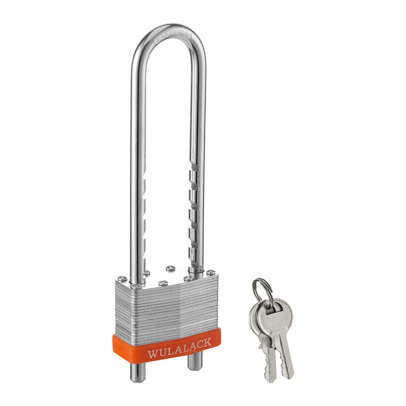 Padlock with Key, WULALACK 2 inch Wide Heavy Duty Laminated Steel Keyed Padlock with Adjustable Shackle, Long Shackle Pad Lock with 2 Keys 1