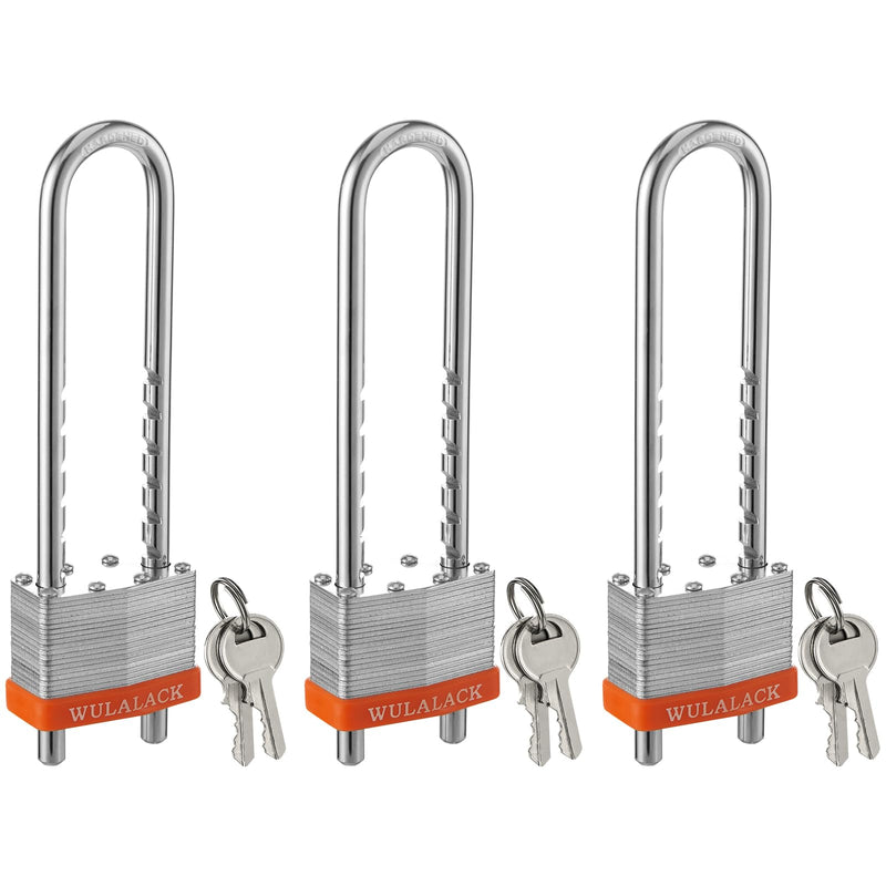 Locks with Keys, WULALACK 2 inch Wide Laminated Steel Keyed Padlock with Adjustable Shackle, Long Padlocks with Same Key,3 Pack 3