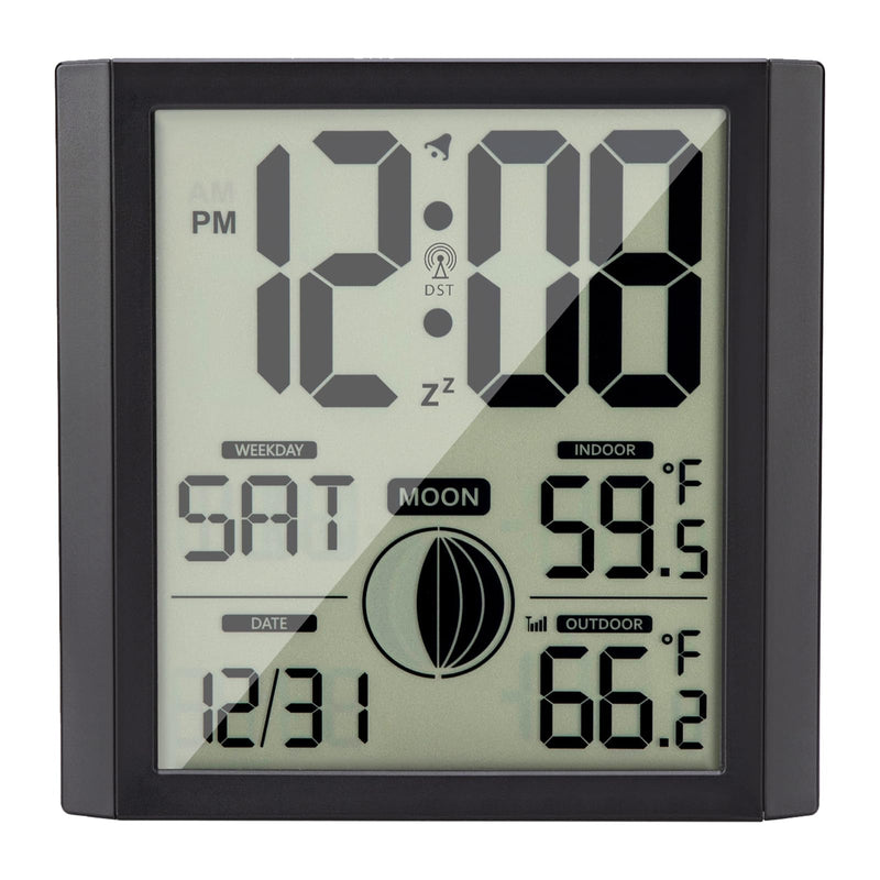 Atomic Wall Clock with Indoor/outdoor Temp Large Number Display Silent Battery Operated Alarm Analog Digital Clocks for Bedroom Dementia Seniors Desk Living Room Office Bathroom Kitchen Shower Black