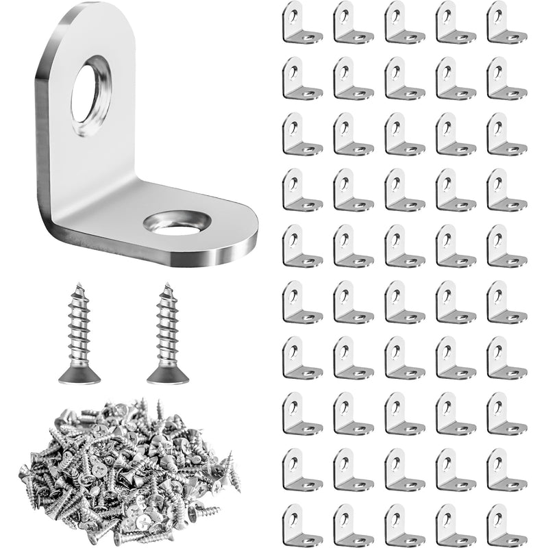 50 Pcs L Bracket Corner Brace MONKIPAER Metal Corner bracket 90 Degree Angle Stainless Steel Bracket with 100 Pcs Screws for securing wooden frames tables chairs bed furniture and other DIY structural Silver 0.76x0.6x0.76