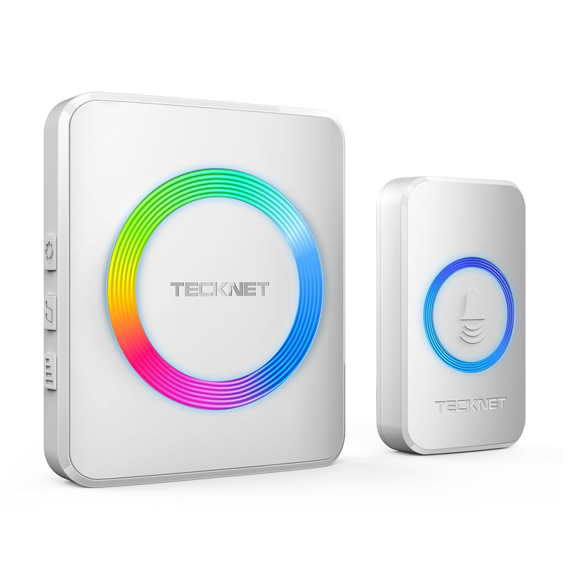 TECKNET Wireless Doorbell, 0-120dB Door Bell, 1300 ft Wireless Range, IP65 Waterproof Classroom Doorbell, 60 Chimes & 5 Volume Levels, RGB Light for Hearing Impaired 1 button & 1 plug-in receiver White