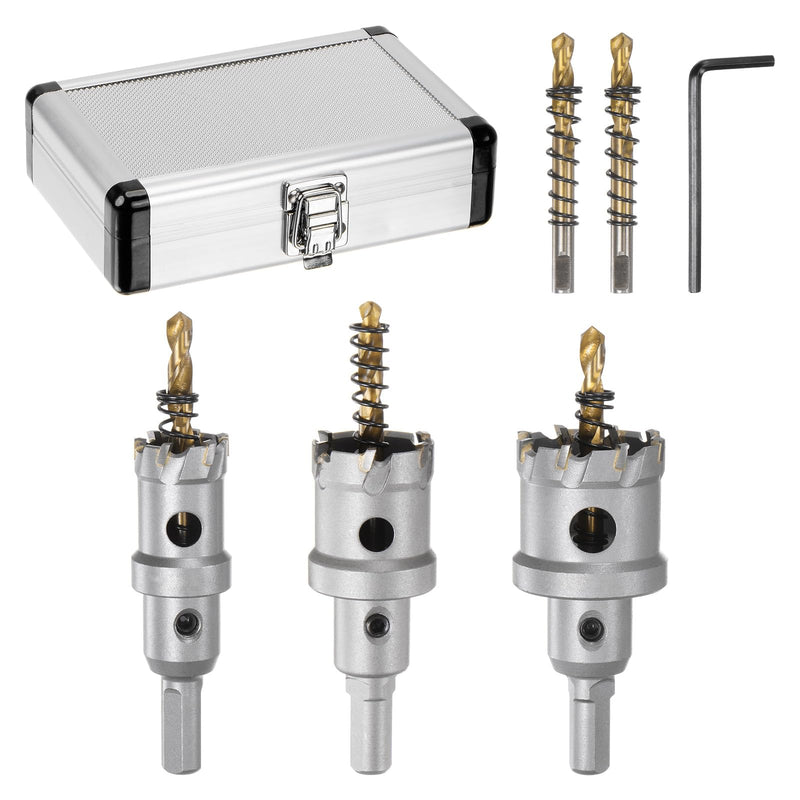 HARFINGTON 3pcs Carbide Hole Saw Kit 7/8" 1-1/8" 1-3/8" TCT (Tungsten Carbide Tipped) Hole Saw Cutter Set with 2pcs Extra Titanium Plated Drill Bits for Stainless Steel Hard Metal Plastic