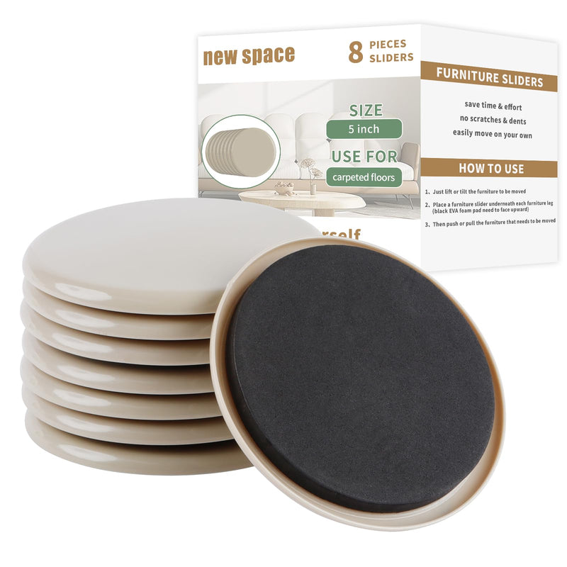 Furniture Sliders for Carpet, new space 8 Pcs 5" Round Sliders for Moving Furniture, Heavy-Duty Furniture Moving Sliders - Reusable Furniture Sliders, Move Your Furniture Quickly, Easily and Safe! 5 inch