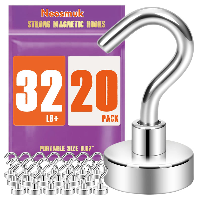 Neosmuk Magnetic Hooks, Cruise Ship Essentials, 32lb+ Heavy Duty Magnetic Hooks for Cruise Cabins, Refrigerator, Grill, Hanging, and Travel | Extra Strong Must-Haves Magnet Hook,Silver Pack of 20 Silver 0.67"Magnetic Hooks