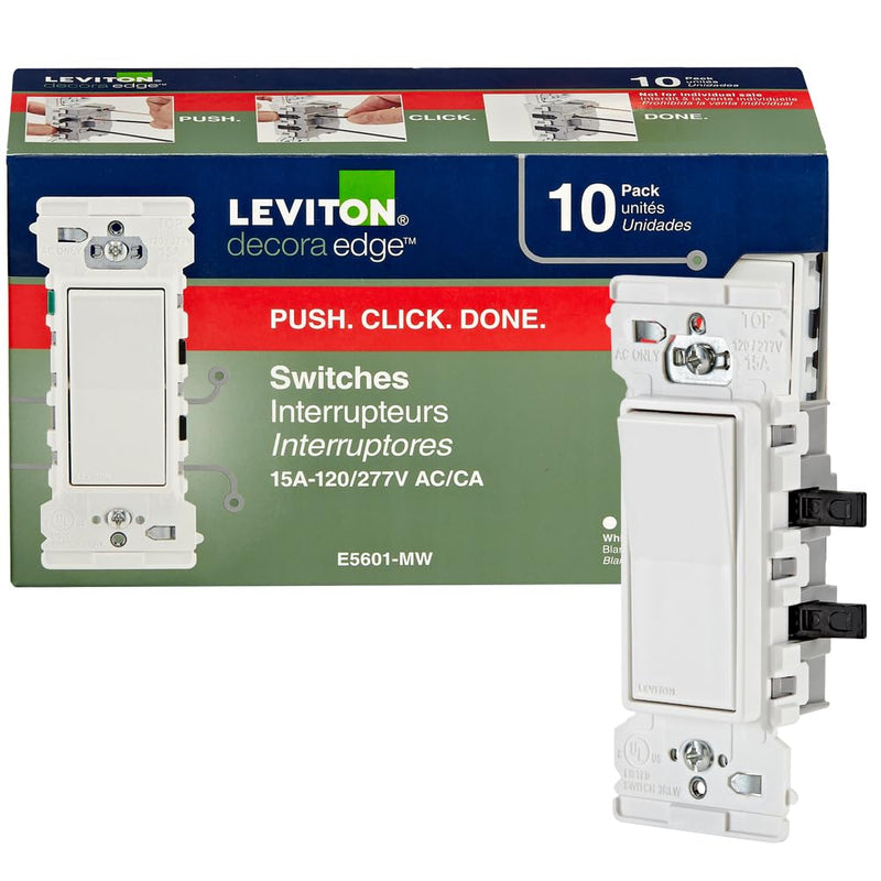 Leviton E5601-MW Decora Edge 15 Amp Single Pole Rocker Switch, 10-Pack, White 10 Pack