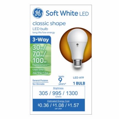 GE 93130562 LED 3-Way Light Bulb, A19 Medium Base, Soft White, 3/9/13 Watt - Quantity 6