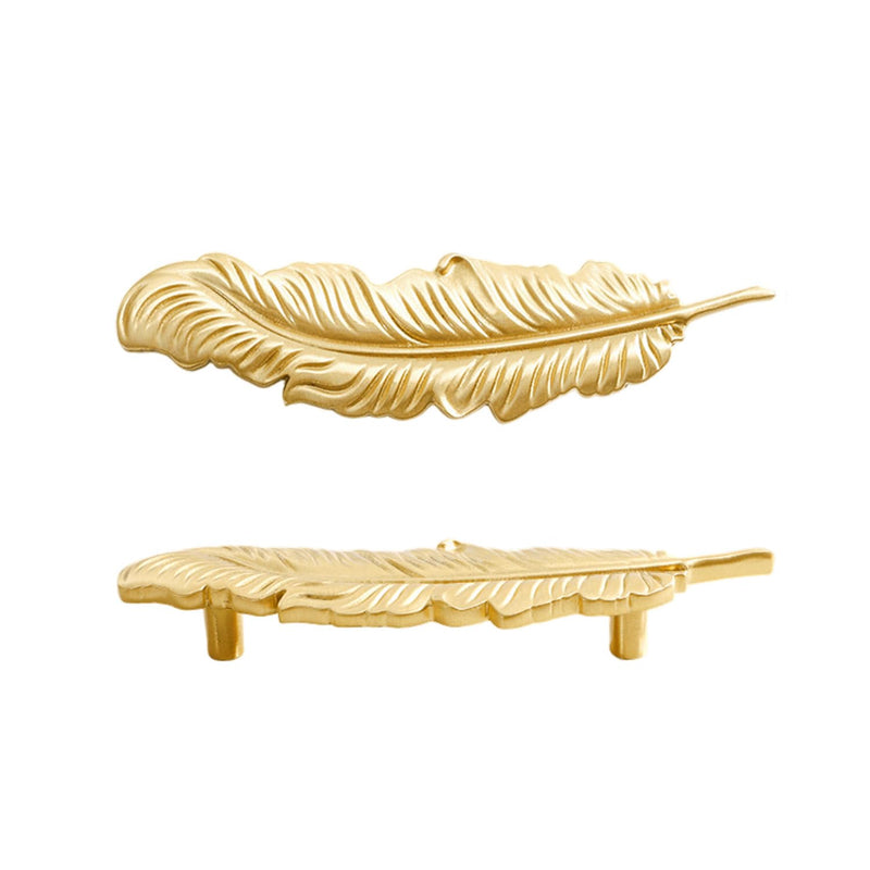 2PCS Solid Brass Feather Cabinet Drawer Handle Knob, Gold Feather Drawer Cabinet Handle Small Handles Modern Minimalist Handles Knobs for Bathroom Kitchen Wardrobe (Hole spacing:96mm) Hole spacing:96mm