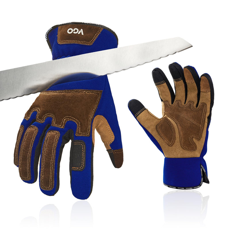 Vgo... Cut Resistant Gloves, Cutproof Leather Work Gloves Men Women,EN388 level E, ANSI level A5,Touchscreen,Mechanics Gloves X-Large(Pack of 1) Blue