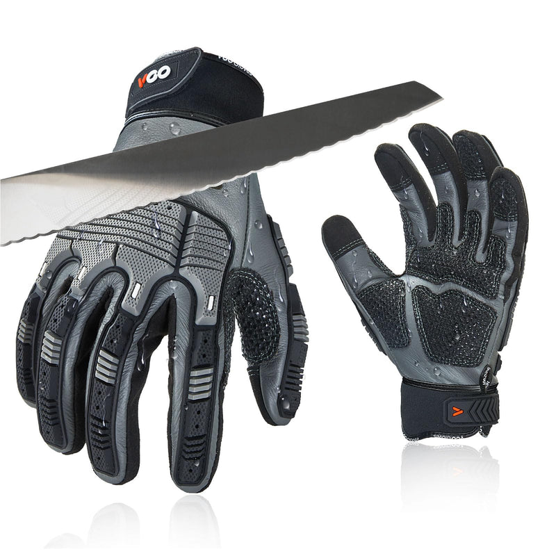 Vgo... Cutproof Gloves,Cut Resistant Gloves,HPPE Anti-cut Liner,Hand Protection,ANSI A3,Touchscreen Large(1 Pair) Gray(cow Leather)