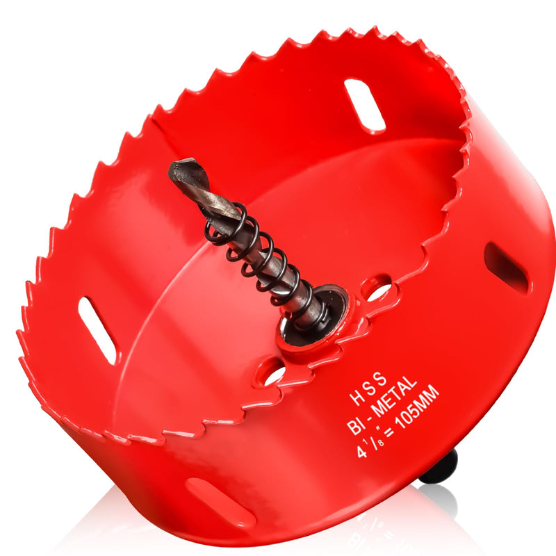 Hole Saw 4 1/8” (105mm) for Wood and Plastic, HSS Bi-Metal Hole Cutter Core Drill Bit for Drywall, PVC Boards, Fiberglass and Vent Pipes Red 4-1/8"(105mm)