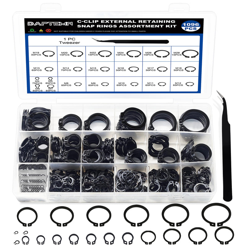 External Retaining Rings Assortment Kit, 1095 PCS Circlip Snap Retaining C-Clips Black Alloy Steel Rings and 1 PC Tweezers, Includes Sizes of M4-M28 1096pcs C-clip