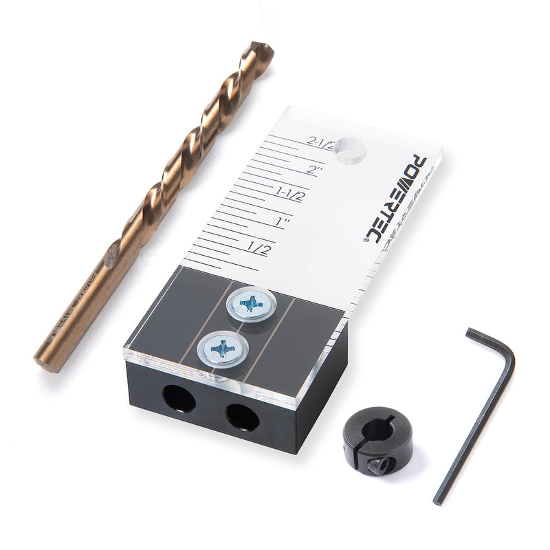 POWERTEC 71716 Dowel Drilling Jig with laser cut witness mark, included depth scale, Cobalt M-35 Drill Bit and Split Ring Stop Collar, 3/8-Inch 3/8" Dowel Drilling Jig
