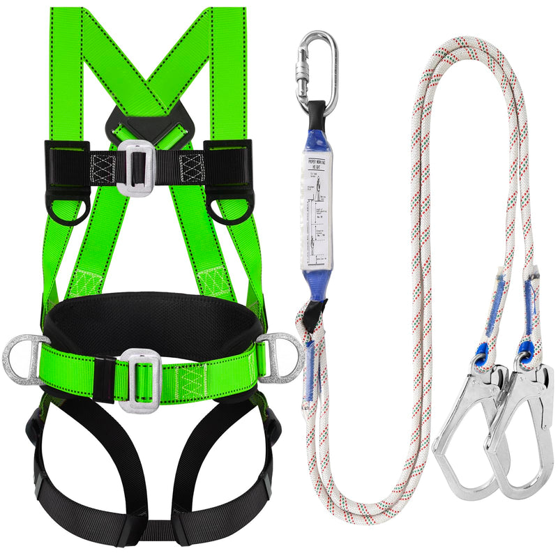 Safety Harness Fall Protection Kit - Full Body Roofing harnesses with Shock Absorbing Lanyard Updated Waist Paded Green