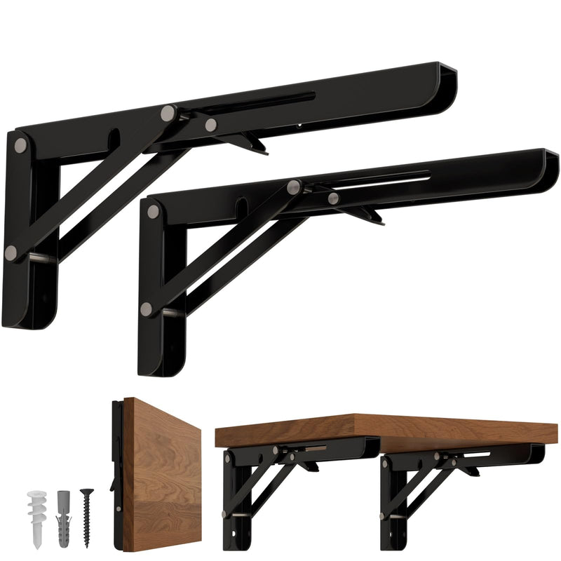 LEOPO 8 inch Folding Shelf Brackets, Heavy Duty Wall Mounted Shelf Bracket, 2 Pack, Black