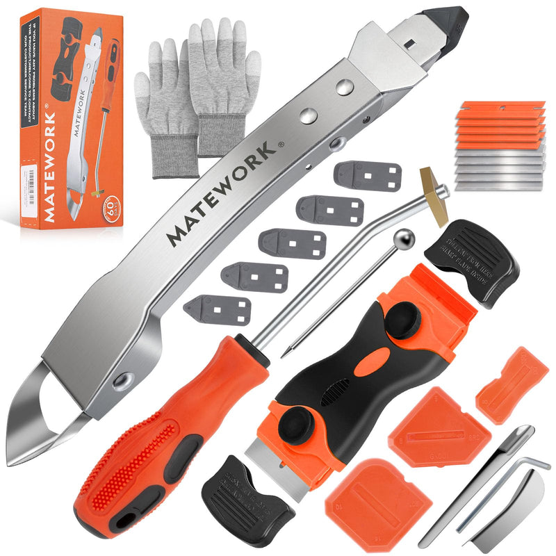 Caulking Tool Kit, Stainless Steel Caulk Remover Caulking Tool Set with Cut Resistant Gloves, Scraper, Silicone Caulking Tools, 4 in 1 Caulking Finishing Tool for Bathroom Kitchen Living Room Silver kit