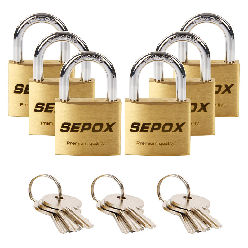 SEPOX® 6 Pcs Pack Heavy-Duty Solid Brass Padlocks with Same Keys 9 Pcs, Weather Proof Body 40mm 1-9/16", Anti-Rust & Anti-Cut Shackle, Outdoor Lock Keyed Alike for Gates, Shed, Fence, Gym Locker 6pcs