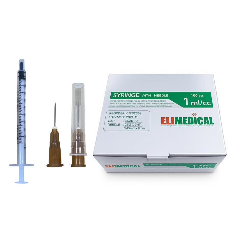 Elimedical Veterinary Syringe Luer Slip 1cc (1ml) TB, 26G x 3/8 inch (9mm), Individually Sealed, 100 per box, 01TB2609
