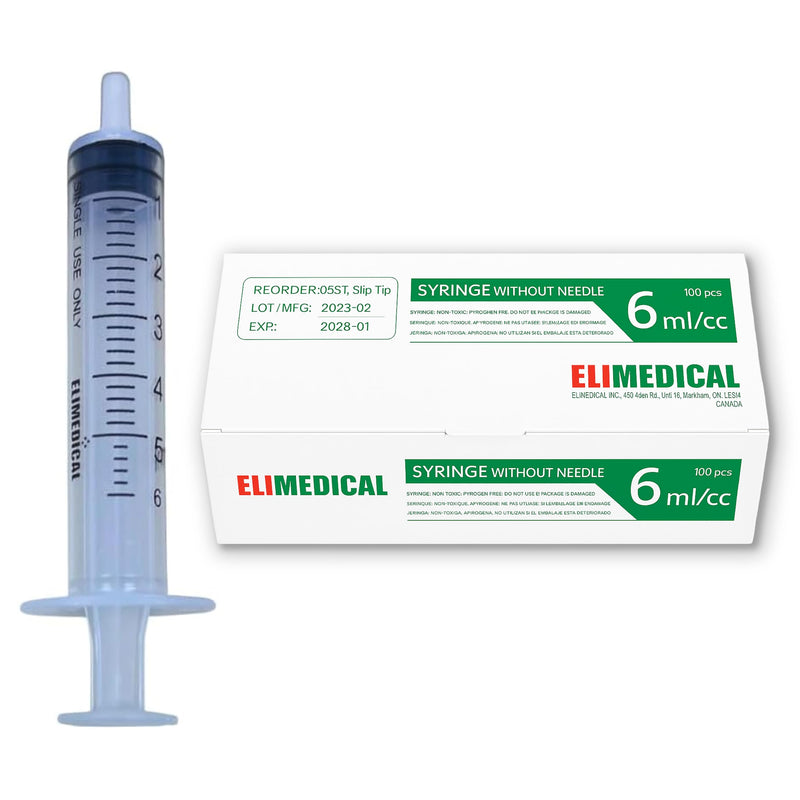Elimedical Veterinary Disposable Syringe, 6cc Luer Slip, Without Needle, Individually Packaged, 100 per box, 05ST