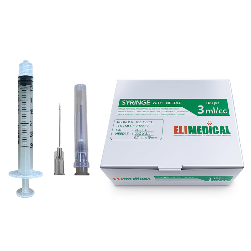 Elimedical Veterinary Syringe with Needle, Luer Slip 3cc (3ml), 22G x 3/4 inch (19mm), Individually Sealed, 100 per box, 03ST2219