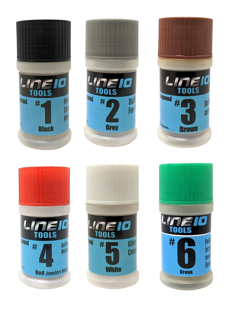 LINE10 Tools Metal Polishing Buffing Compound Set 2oz Polish Paste for Aluminum Stainless Steel Jewelry Red Rouge Green Lapping Black Tripoli Brown White Brown Grey Solid Stick Bar 6 Pack, 2 oz
