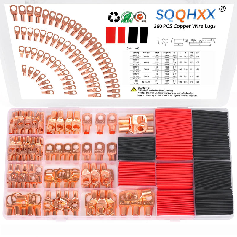 260Pcs Copper Wire Lugs, Battery Cable Ends AWG 2 4 6 8 10 12 Gauge Wire Connectors with Heat Shrink Set, Ring Terminals Connectors Battery Cable Lugs Battery Lugs with 140Pcs Heat Shrink Tubing Kit 260PCS