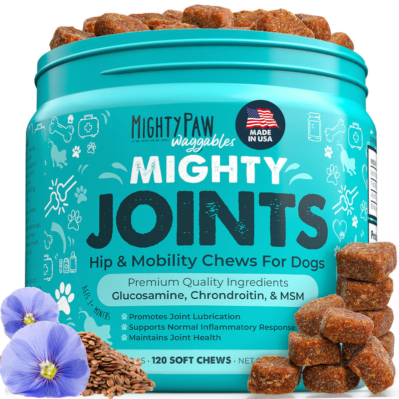 Mighty Paw Waggables Joint Support Supplement for Dogs (Made in USA) | Glucosamine for Dogs Hip and Joint Supplement. Vet Formulated Pet Mobility, Chondriotin & MSM Pet Chews (120 Ct) - PawsPlanet Australia
