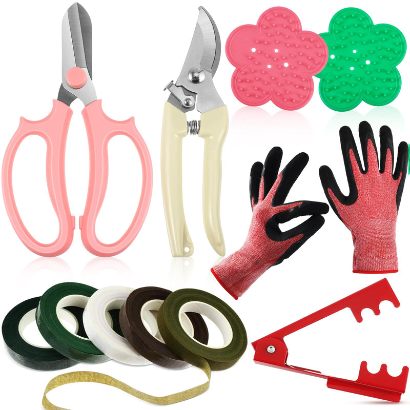 WILLBOND 11 Pcs Rose Thorn Remover Valentine Leaf Stripping Tool Garden Pruning Shear Scissors Kit Thorn Remover for Roses Floral Gloves and Floral Tape for Outdoor Gardening Flower(Pink, Green) Pink, Green