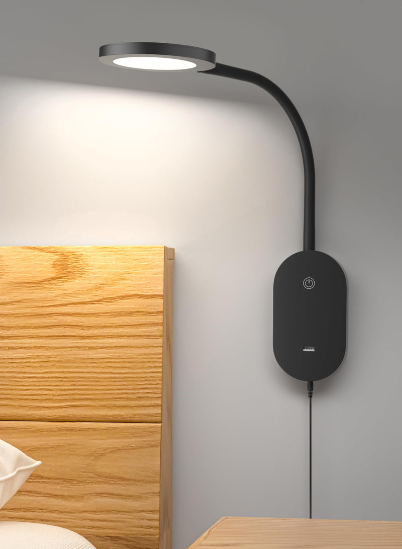 deeloop LED Wall Mounted Reading Light for Bed, Book Light for Wall Bedside Lamp with USB Output, 4 Hour Auto-Off Timer Lights，Eye-Caring Reading Lamp with 5 Dimmable 360° Gooseneck Headboard Light Black